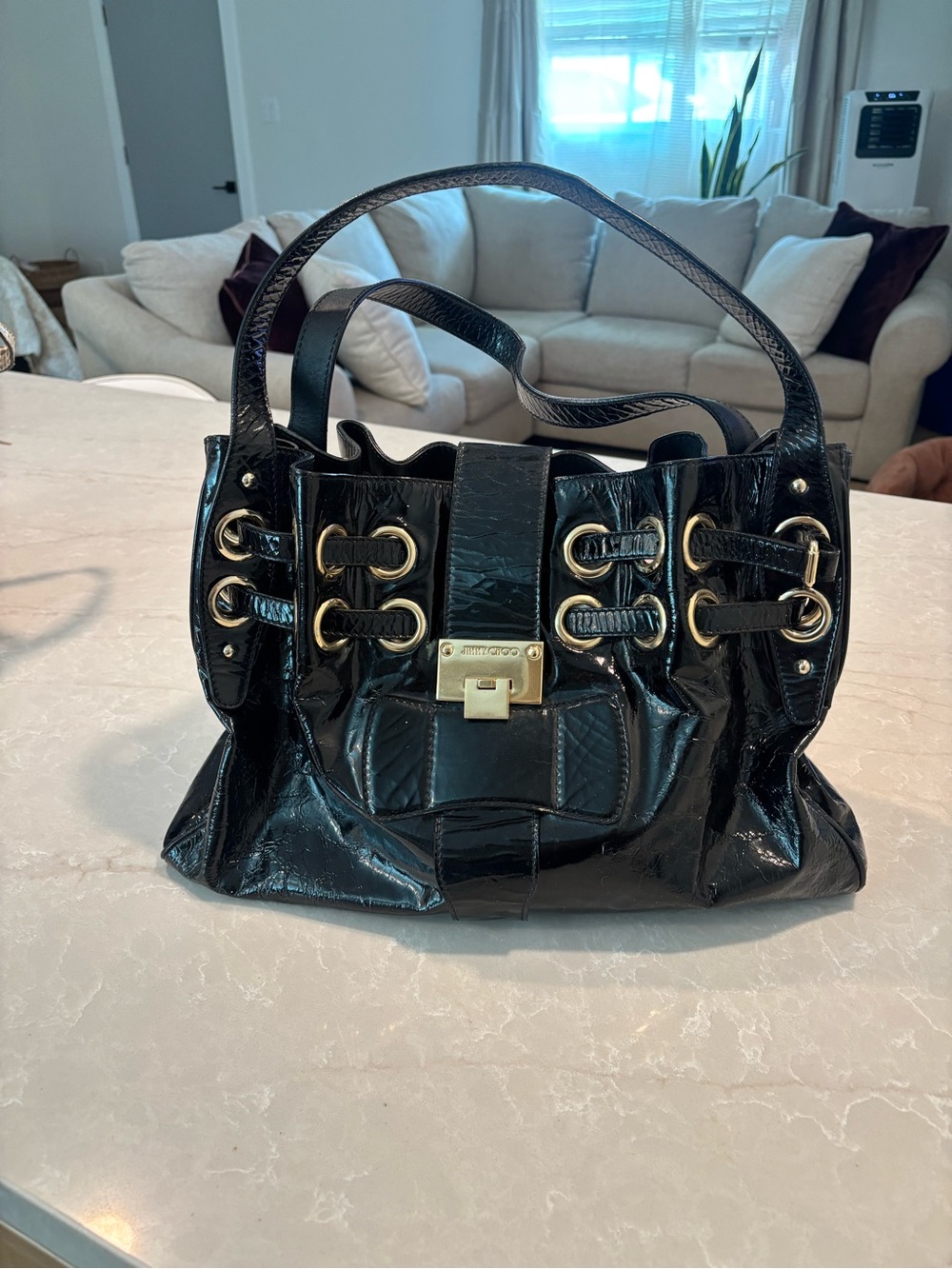 Jimmy Choo Black Patent Leather Shoulder Bag with Gold Hardware